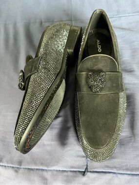 Aldo Black Suede Loafers with Crystal Accents
